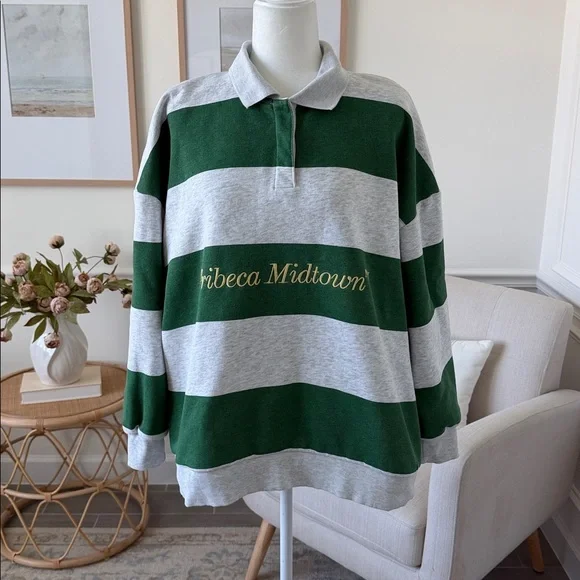 ZARA Tribeca Midtown NY Rugby Polo Sweatshirt Green Gray Striped Oversized - Picture 3 of 15